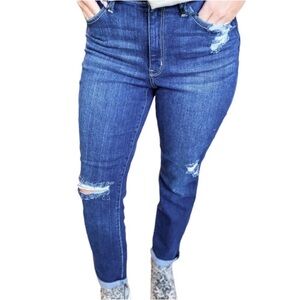 Judy Blue Jeans High Rise Distressed Dark Wash Tapered Leg Pants Size-15/32
